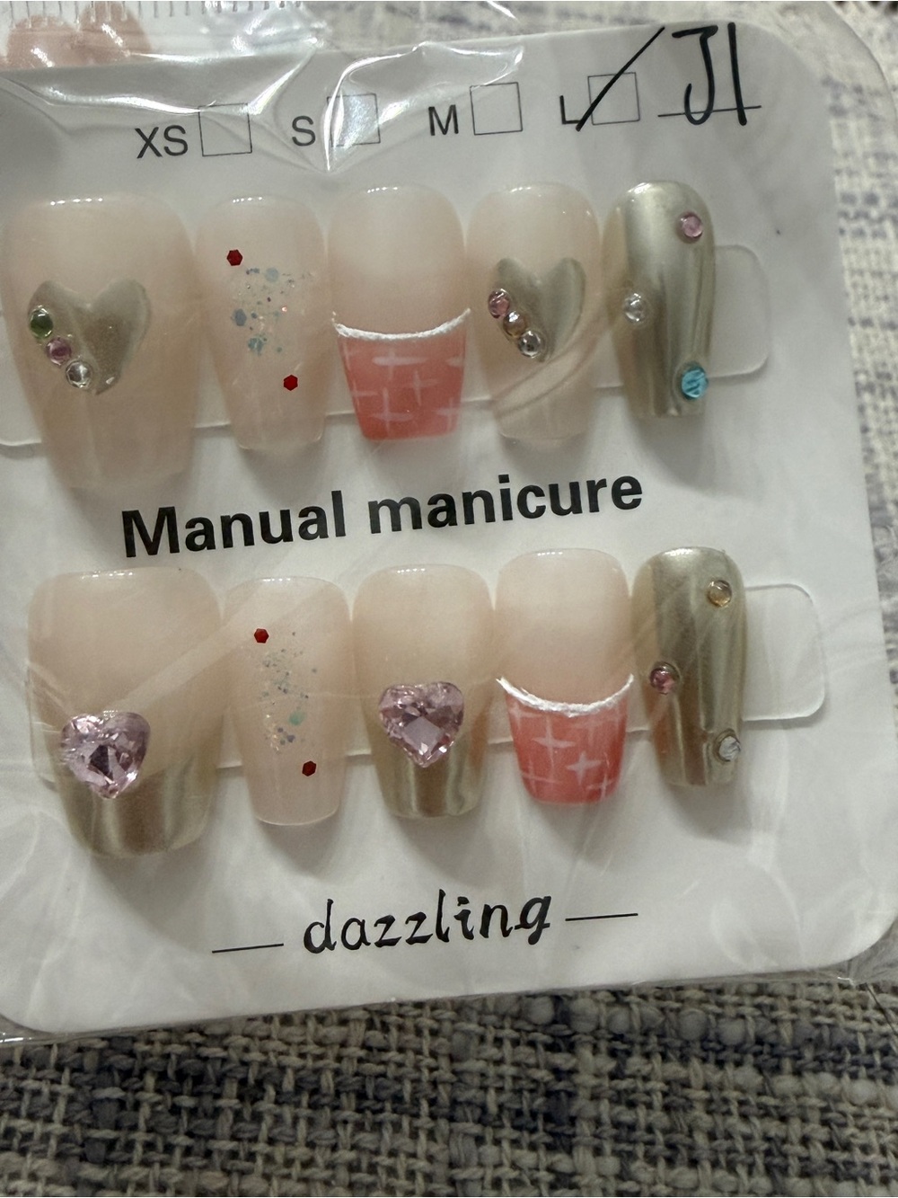 Dazzling Manual Manicure Press-On Nails — Pink, Nude & Metallic Silver Accents